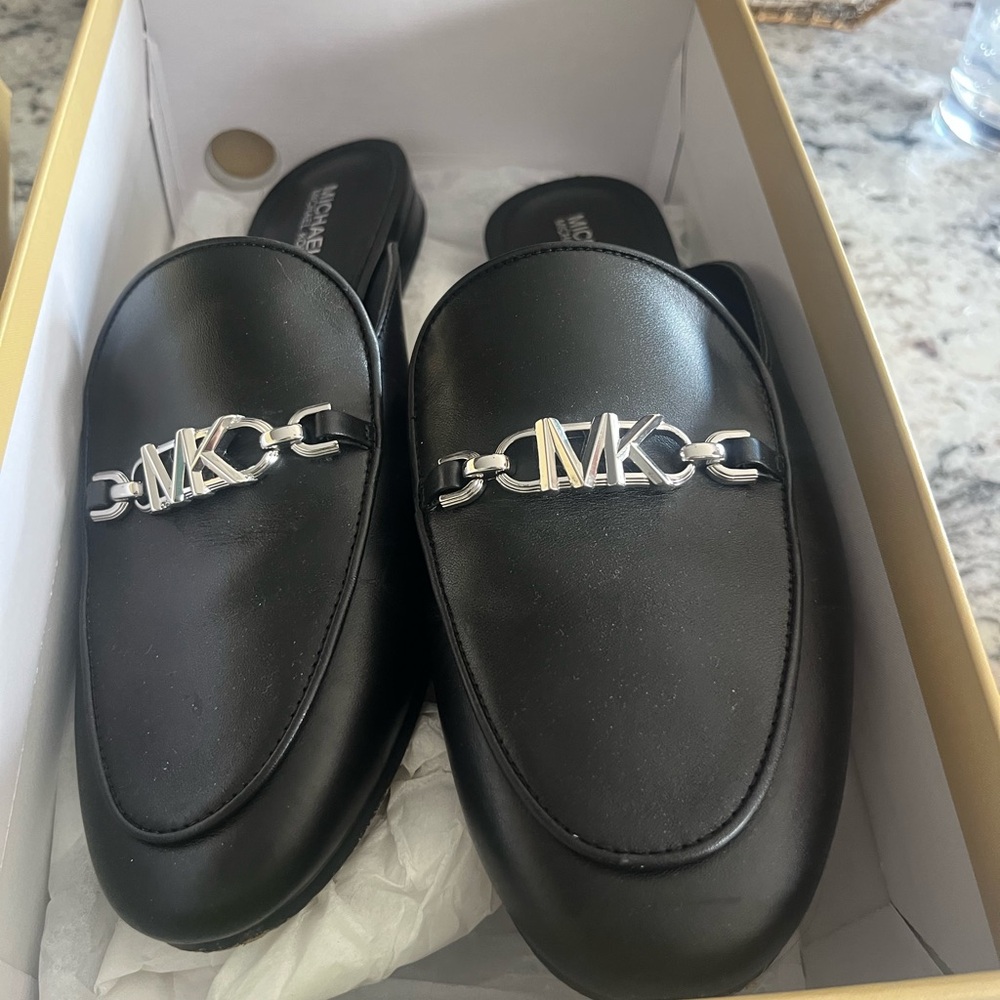 Michael Kors Black Mules with Silver Logo Accent